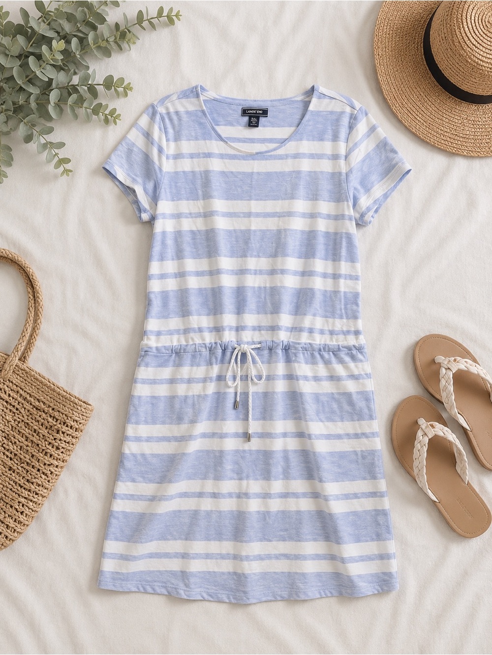 Lands’ End Blue and White Striped Drawstring Beach Dress